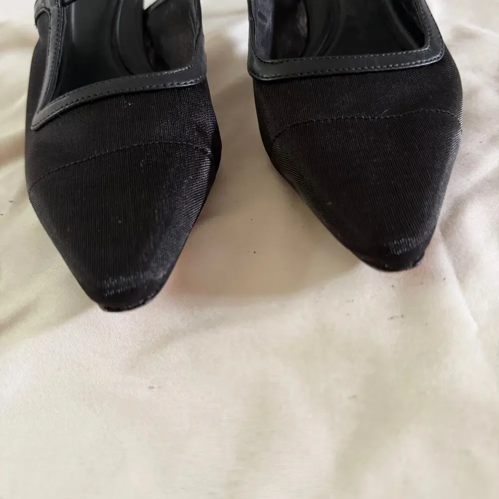 Vince Black Mesh Pointed Toe Mary Jane Strap Kitten Heel 7 Sling Back